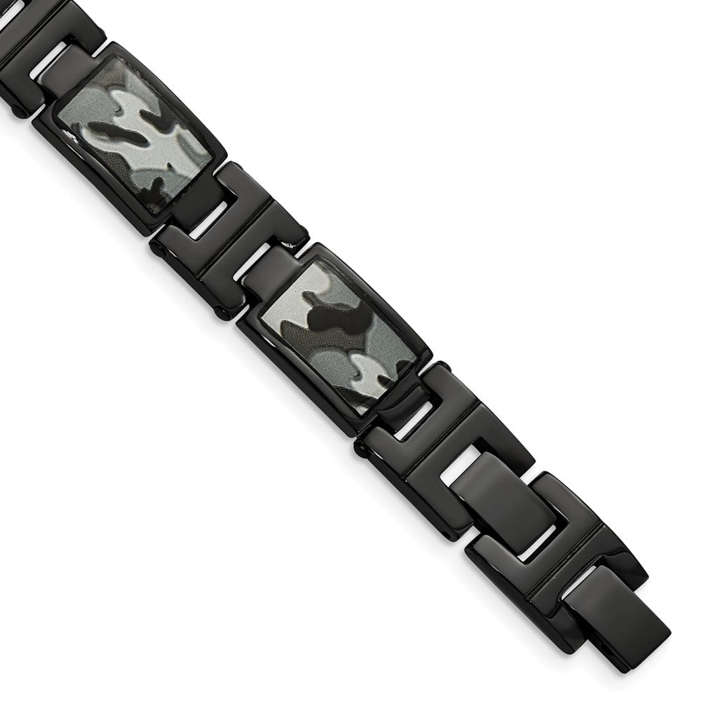 Stainless Steel Polished Black IP-plated Camo 8.5in Bracelet 8.5 inches