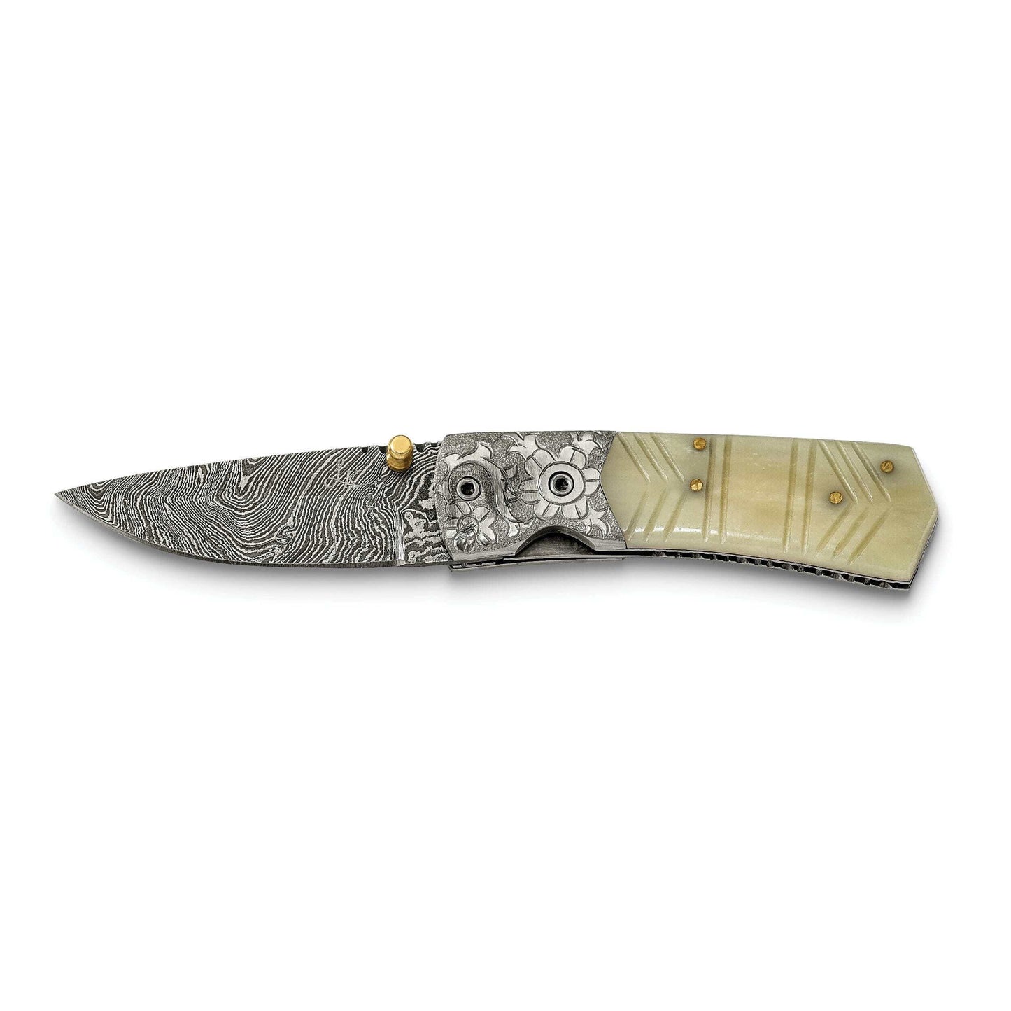 Luxury Giftware Damascus Steel 256 Layer Folding Carved Camel Bone Handle Knife with Leather Sheath and Wooden Gift Box QKN3218