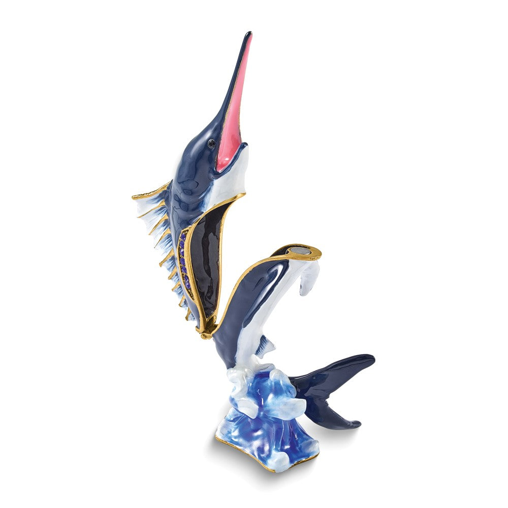 Luxury Giftware by Jere Bejeweled BLADE Swordfish on Wave Trinket Box with Matching 18 inch Necklace