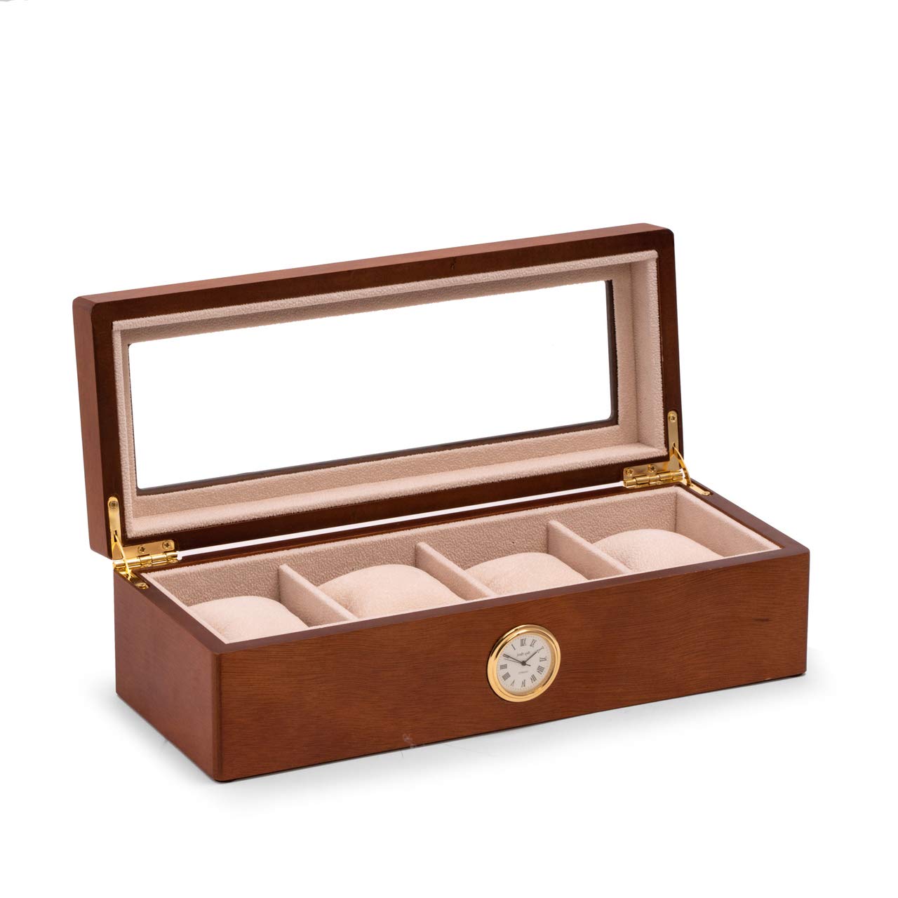 Bey Berk Cherry Wood Four Watch Box w/ Quartz Movement Clock