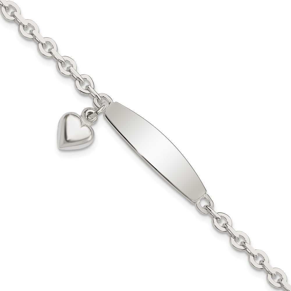 Sterling Silver Polished Rolo Link ID Heart Dangle Bracelet 7.5 inches