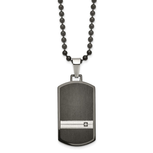 Stainless Steel Brushed and Polished Black IP w/CZ Dog Tag 24in Necklace