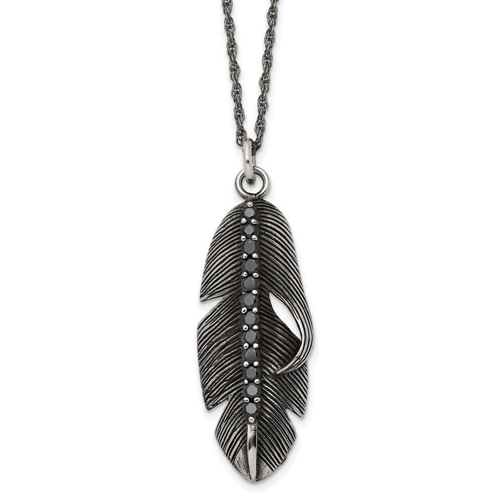 Stainless Steel Antiqued & Polished w/Black CZ Feather 20in Necklace