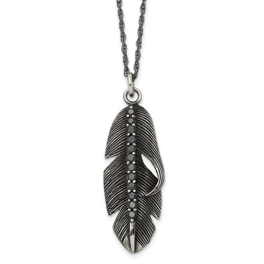Stainless Steel Antiqued & Polished w/Black CZ Feather 20in Necklace