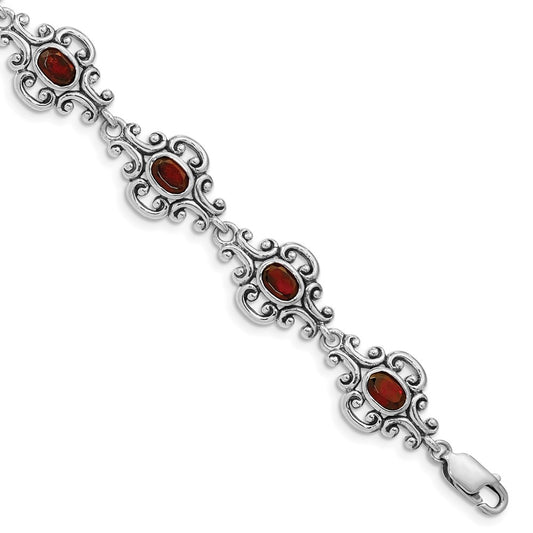 Sterling Silver Rhodium Plated Antiqued Garnet Bracelet 7.25 inches