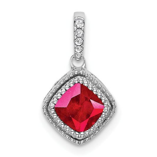 14k White Gold Cushion Ruby and Diamond Pendant