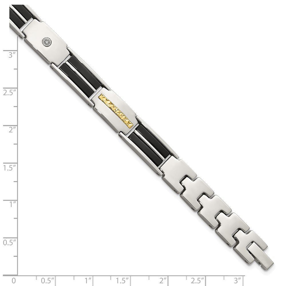 Chisel Stainless Steel Polished with Diamond-cut 14K Gold Accent and 1/20ct. Diamond with Black Enamel 8 inch Bracelet 8 inches