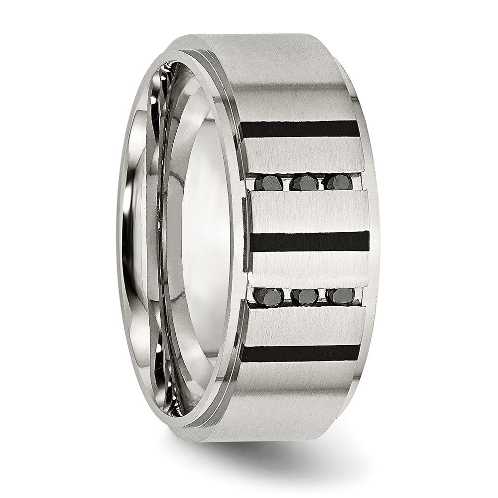 Stainless Steel Brushed Center Black IP-plated 1/6ct Diamond 9mm Band Size - 11