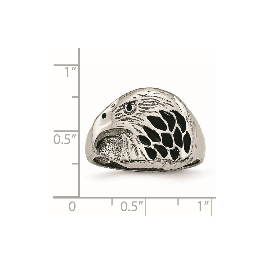 Stainless Steel Polished and Textured Black Enameled Eagle Ring Size - 10