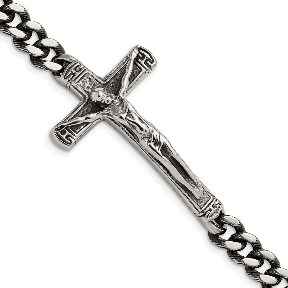 Stainless Steel Antiqued and Polished Crucifix 8.75in Bracelet 8.75 inches