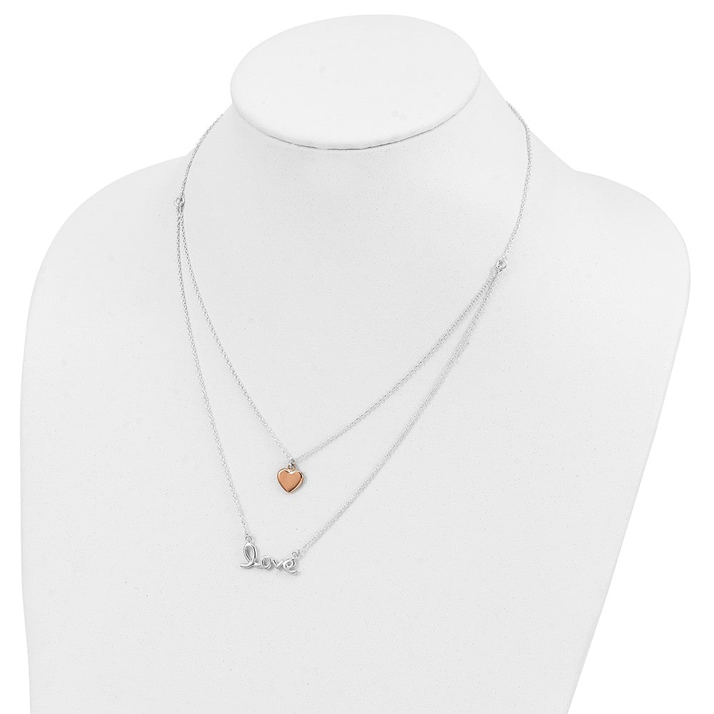 Sterling Silver Rose-tone LOVE and Heart 18in Necklace 18 Inches