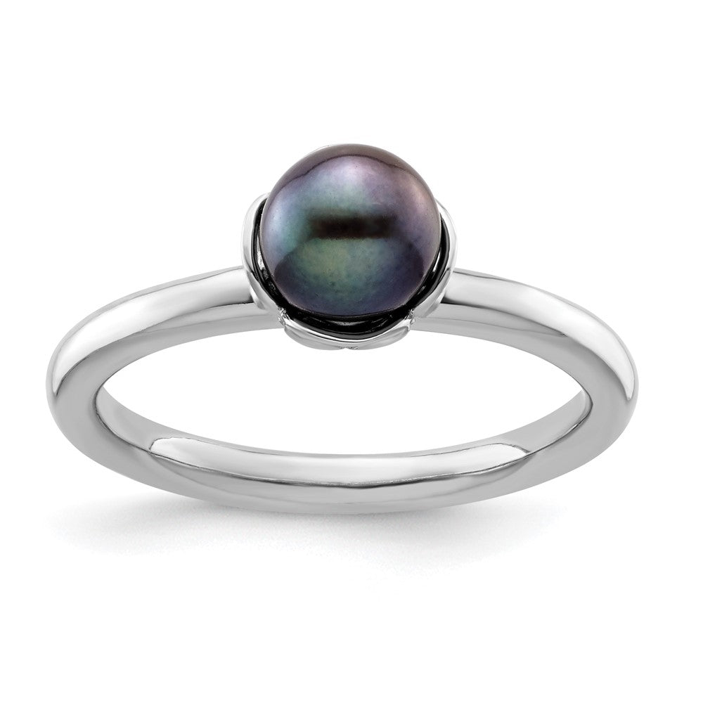 Sterling Silver Stack Exp. Polished Black FW Cultured Pearl Ring Size -5