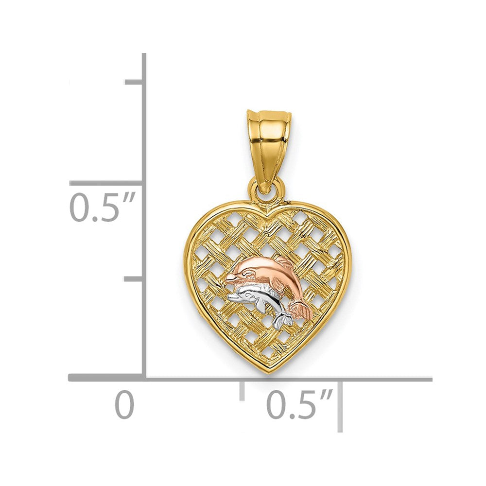 14k Two-tone w/White Rhodium Double Dolphins On Woven Heart Charm