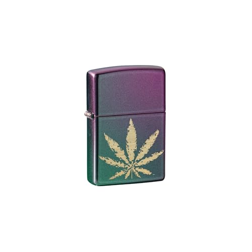Zippo Brass Marijuana Leaf on Iridescent Violet Satin, Pocket Lighter