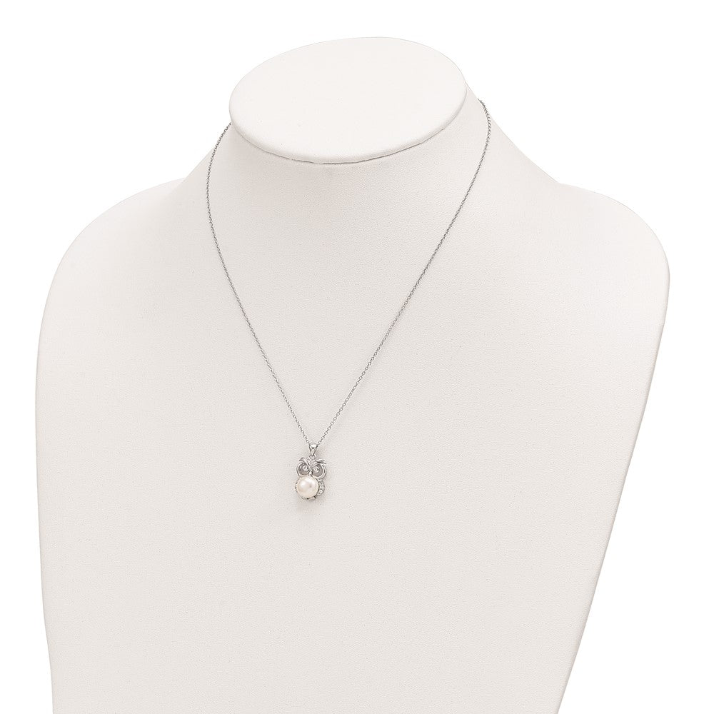 Sterling Silver Rhodium-plated 8-9mm White Button Freshwater Cultured Pearl and CZ Owl 17 inch Necklace 17 Inches