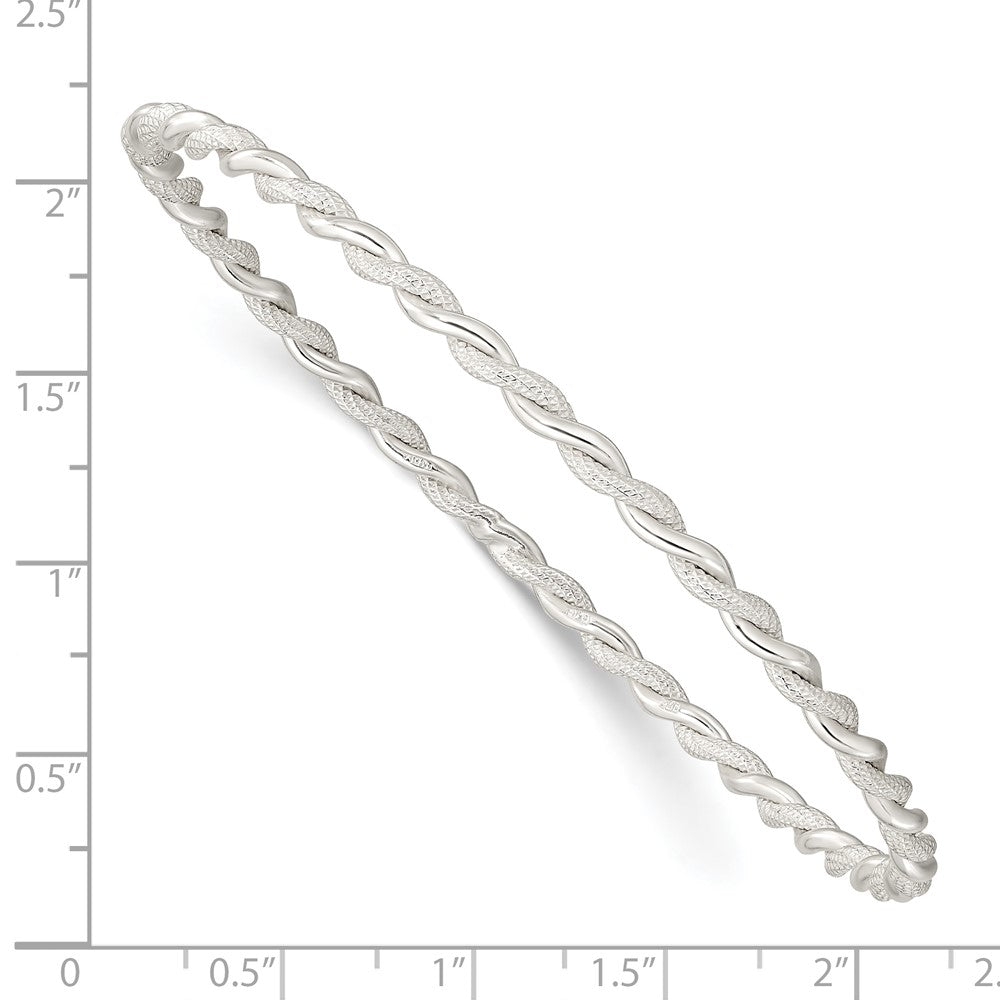 Sterling Silver Polished and Textured Twisted 3mm Slip-on Bangle 8 inches