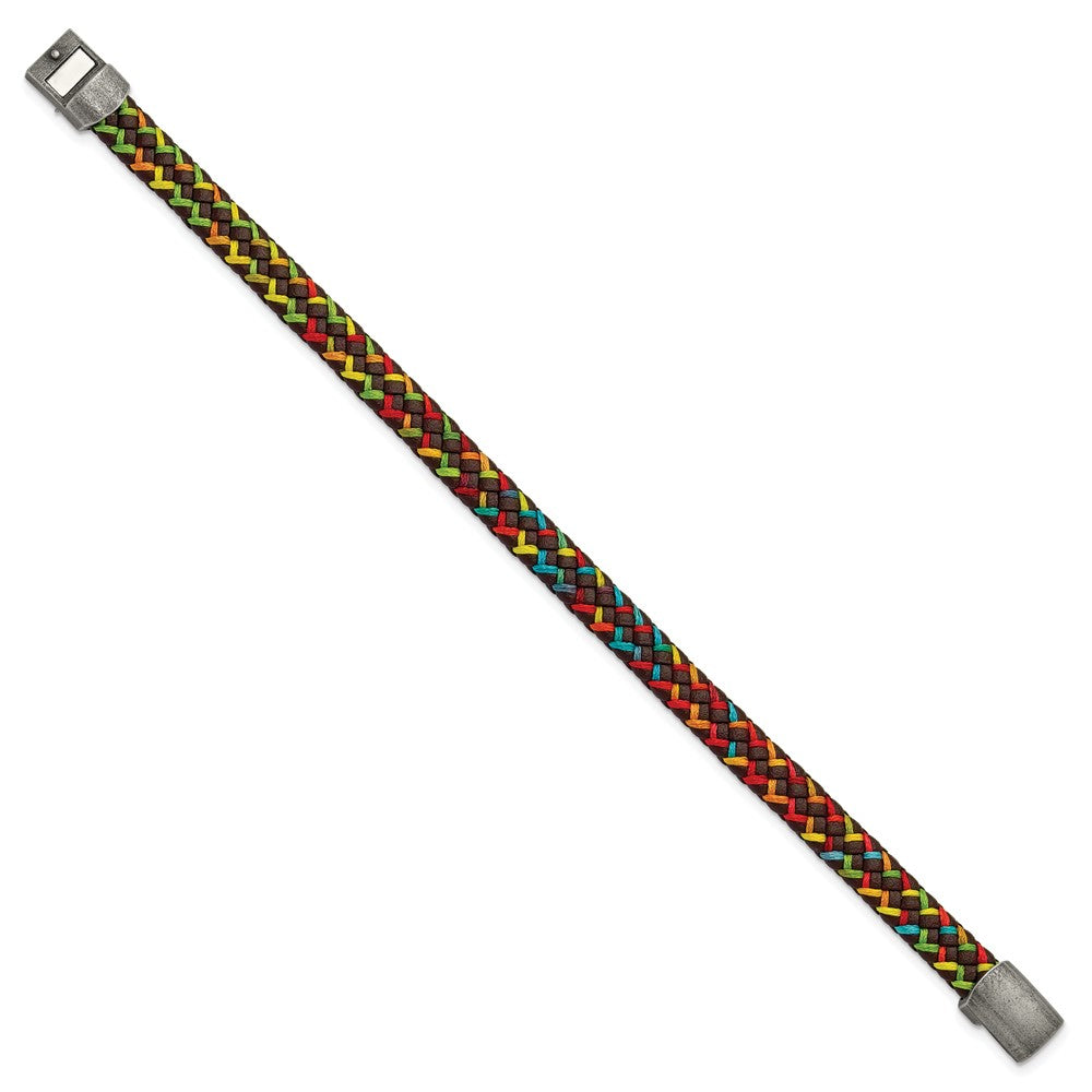 Stainless Steel Antiqued Brown Leather with Multi-colored Nylon Bracelet 8.25 inches