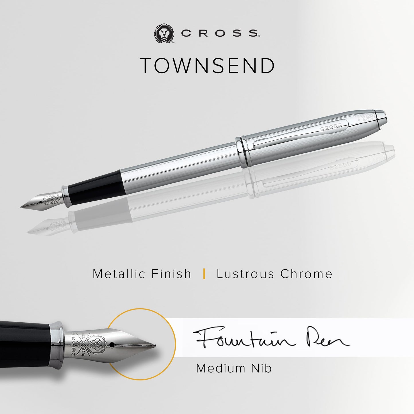 Townsend Lustrous Chrome Fountain Pen - Engravable Personalized Gift Item
