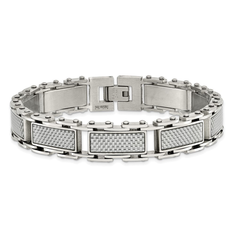 Stainless Steel Polished Grey Carbon Fiber Inlay 8.5in Bracelet 8.5 inches