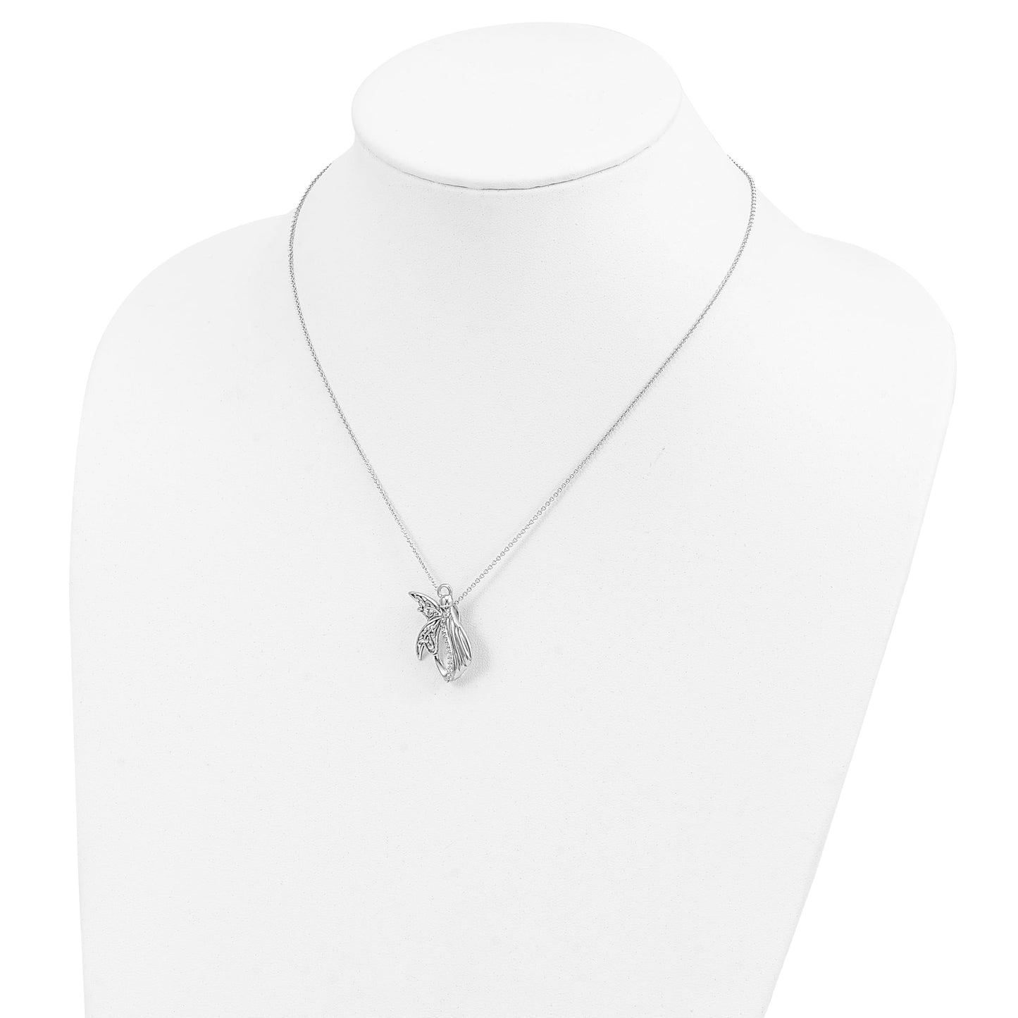 Sentimental Expressions Sterling Silver Rhodium-plated CZ Antiqued Angel of Perseverance 18in Necklace 18 Inches