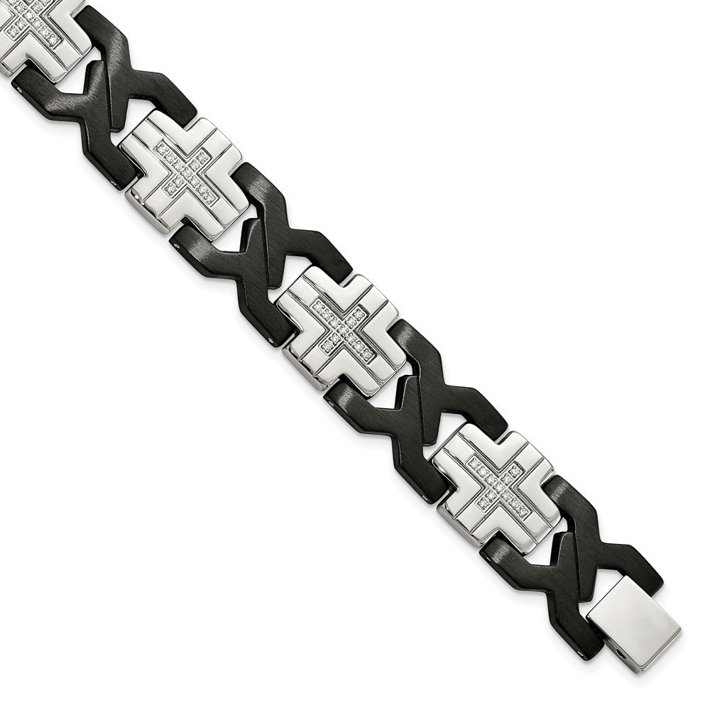 Stainless Steel Brushed and Polished Black IP-plated w/CZ 8.25in Bracelet 8.25 inches