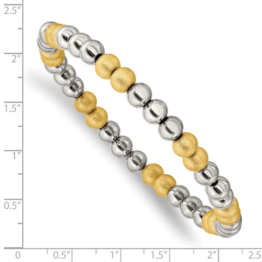 Stainless Steel Polished Yellow IP Sandblasted Beaded Stretch Bracelet 7.25 inches