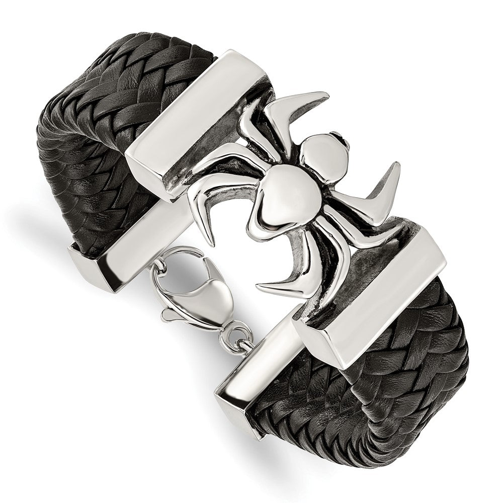 Stainless Steel Antiqued and Polished Spider Black Leather 8.5in Bracelet 8.5 inches