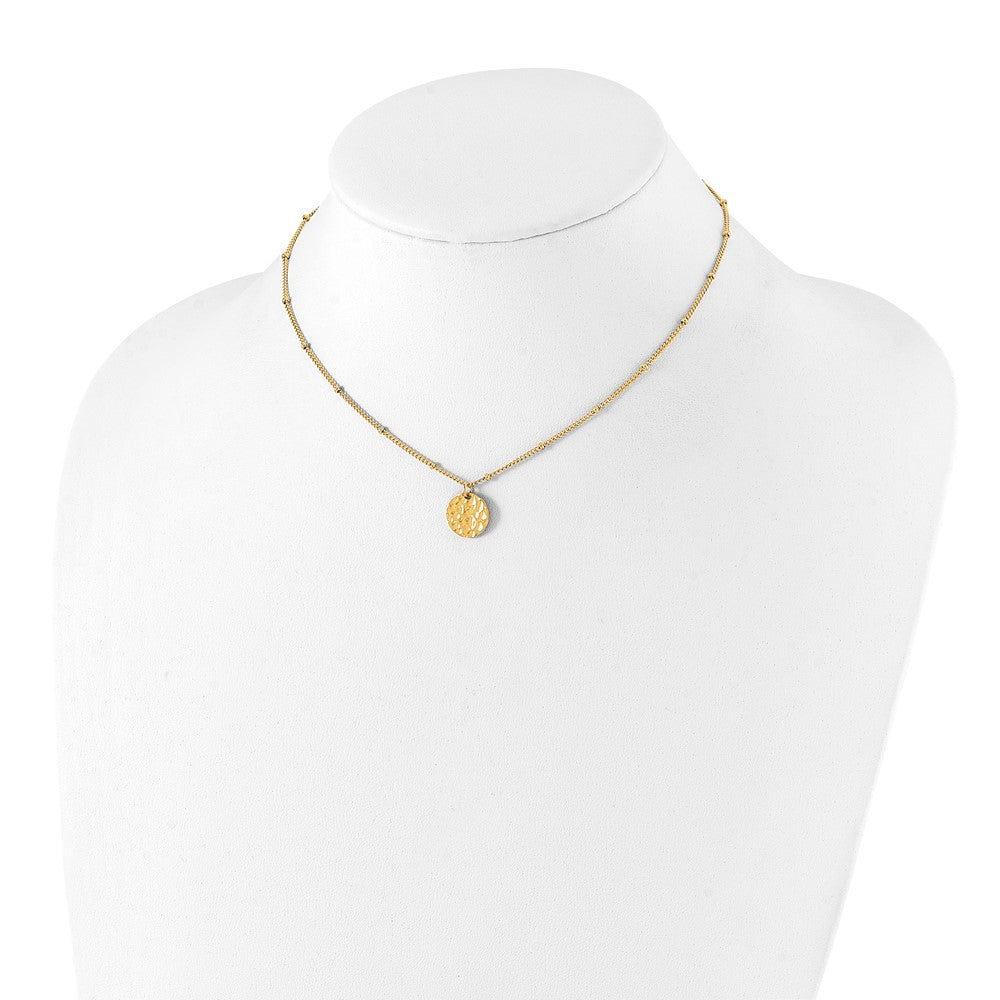 Stainless Steel Polished Hammered Yellow IP Circle w/2.5in ext. Necklace