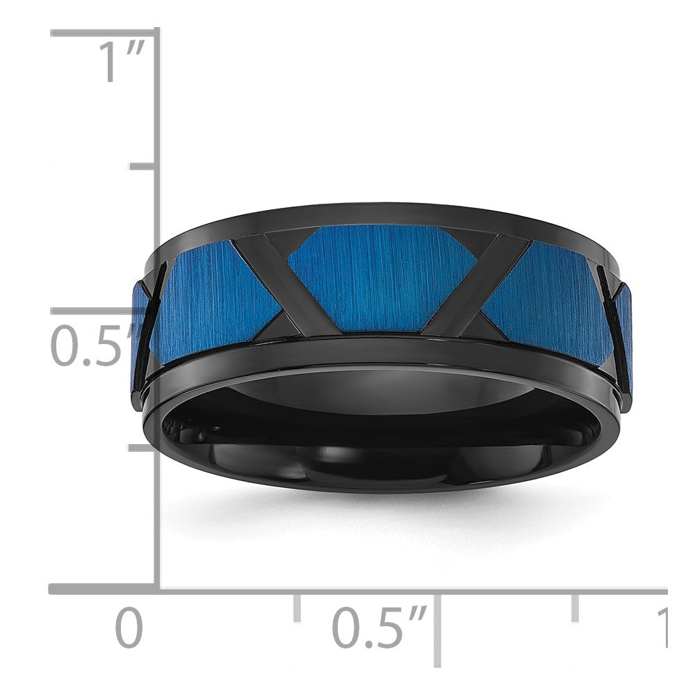 Chisel Stainless Steel Brushed and Polished Black and Blue IP-plated 8mm Band Size - 12.5