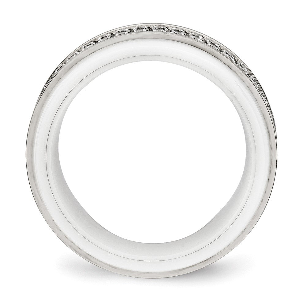 Stainless Steel Polished White Ceramic CZ Ridged edge Ring Size - 7