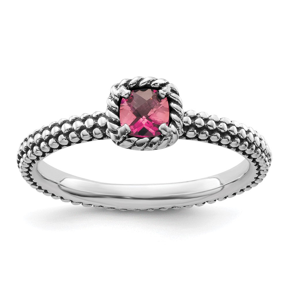 Sterling Silver Stackable Expressions Checker-cut Pink Tourmaline Ring Size -9