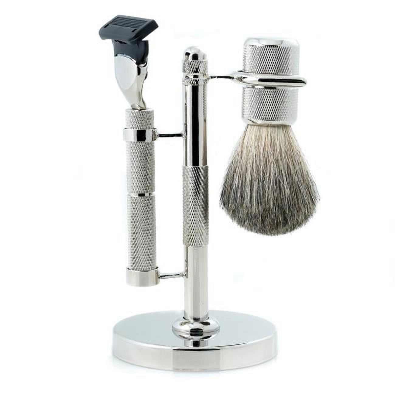 Bey-Berk BB06 Fusion Razor & Pure Badger Brush on Diamond Cut Design Chrome Stand, Grey