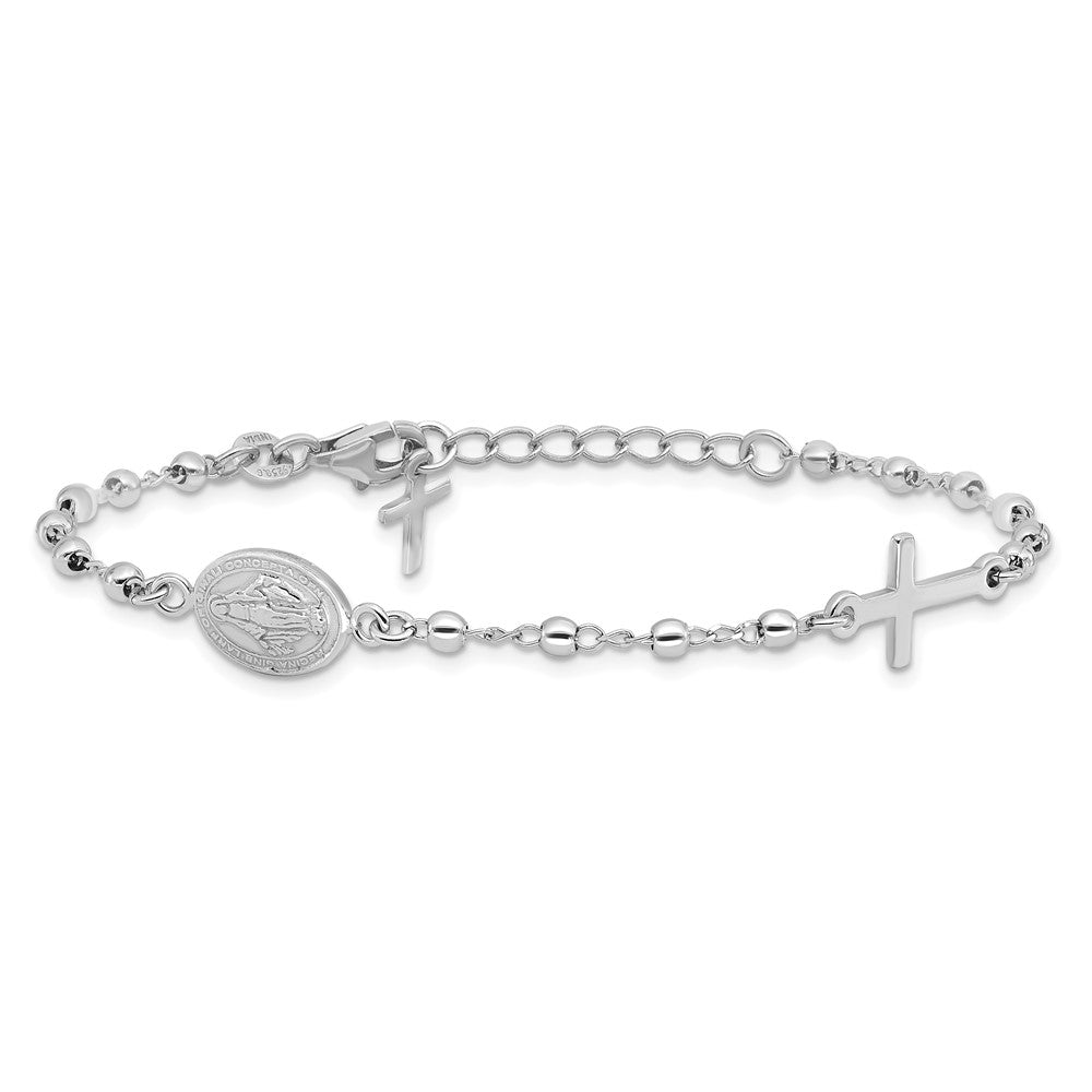 Sterling Silver Rh-plated 6.5in w/1in ext Rosary Bracelet
