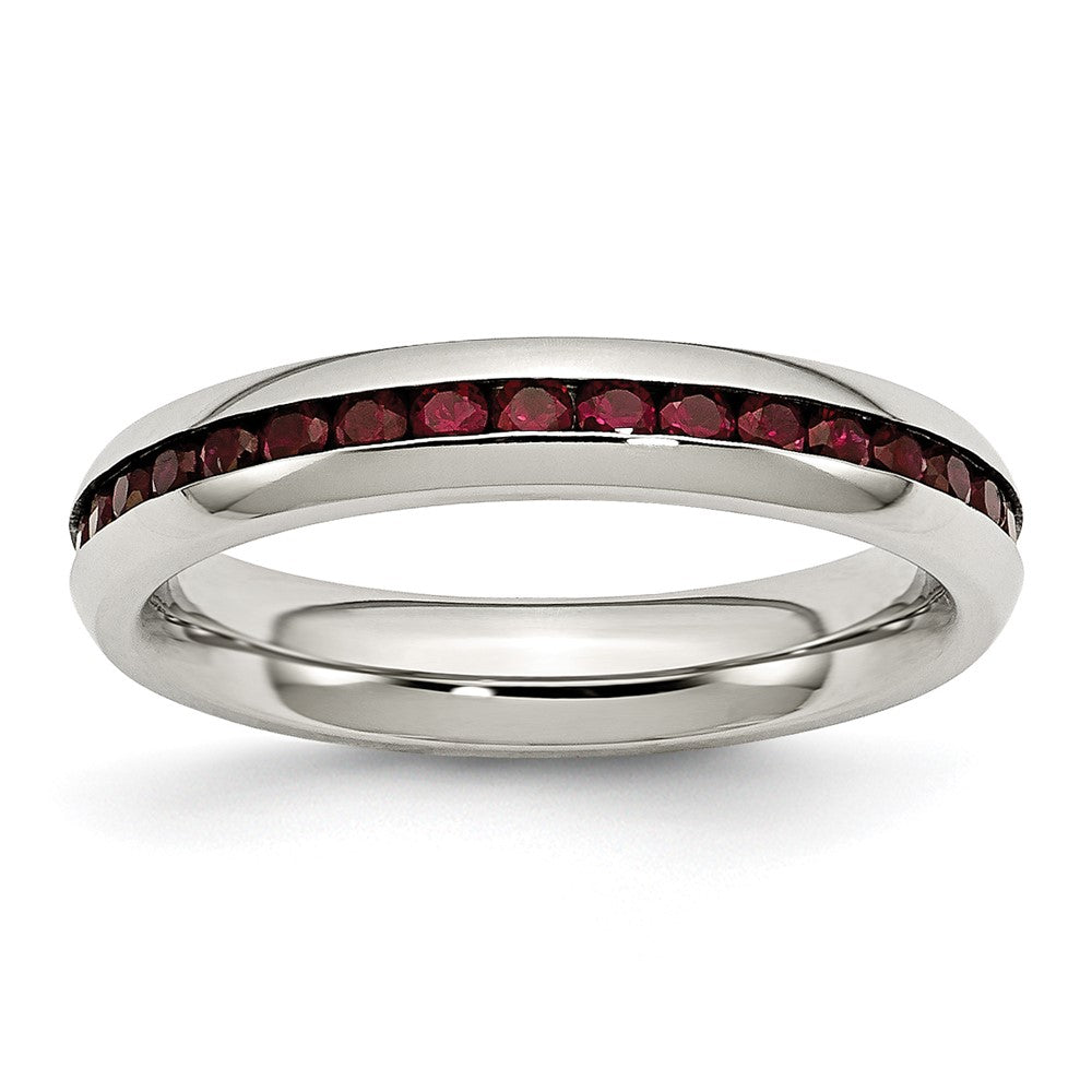 Stainless Steel Polished 4mm January Dark Red CZ Ring Size - 7