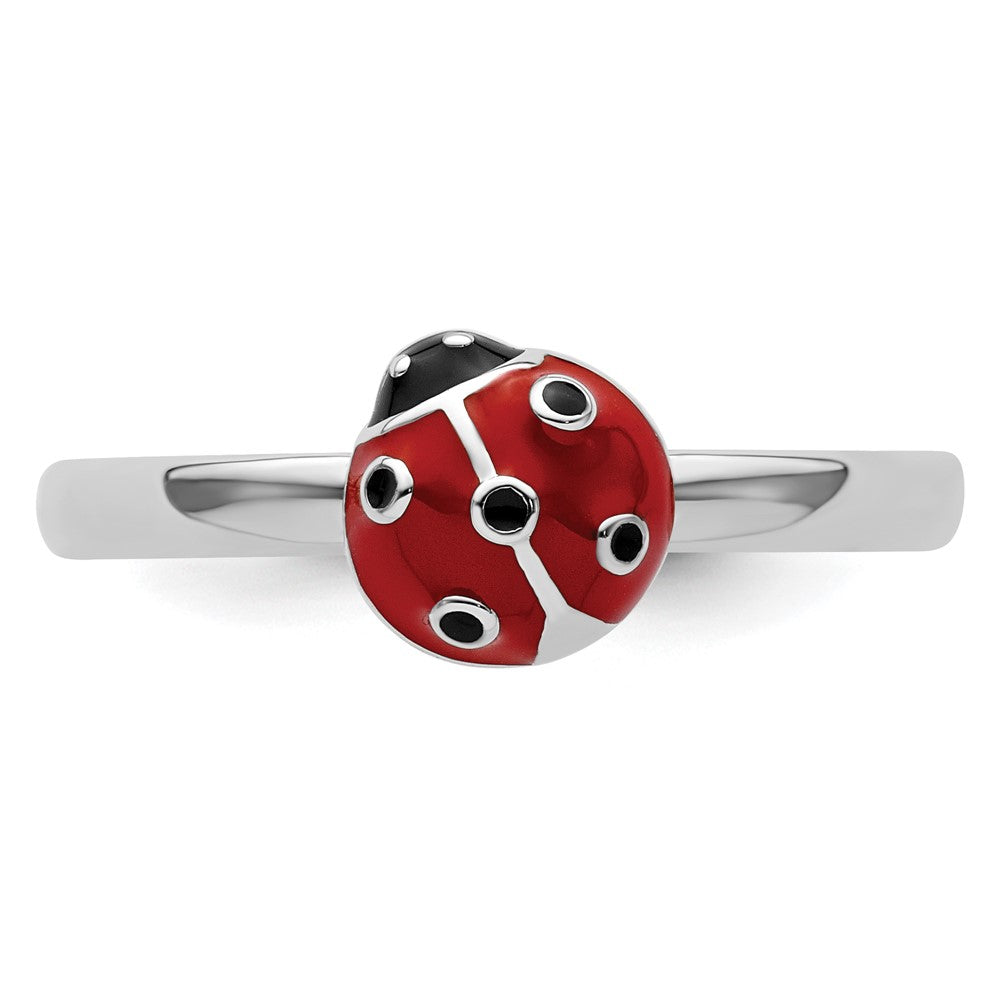 Sterling Silver Stackable Expressions Red/Black Enamel Ladybug Ring Size -8