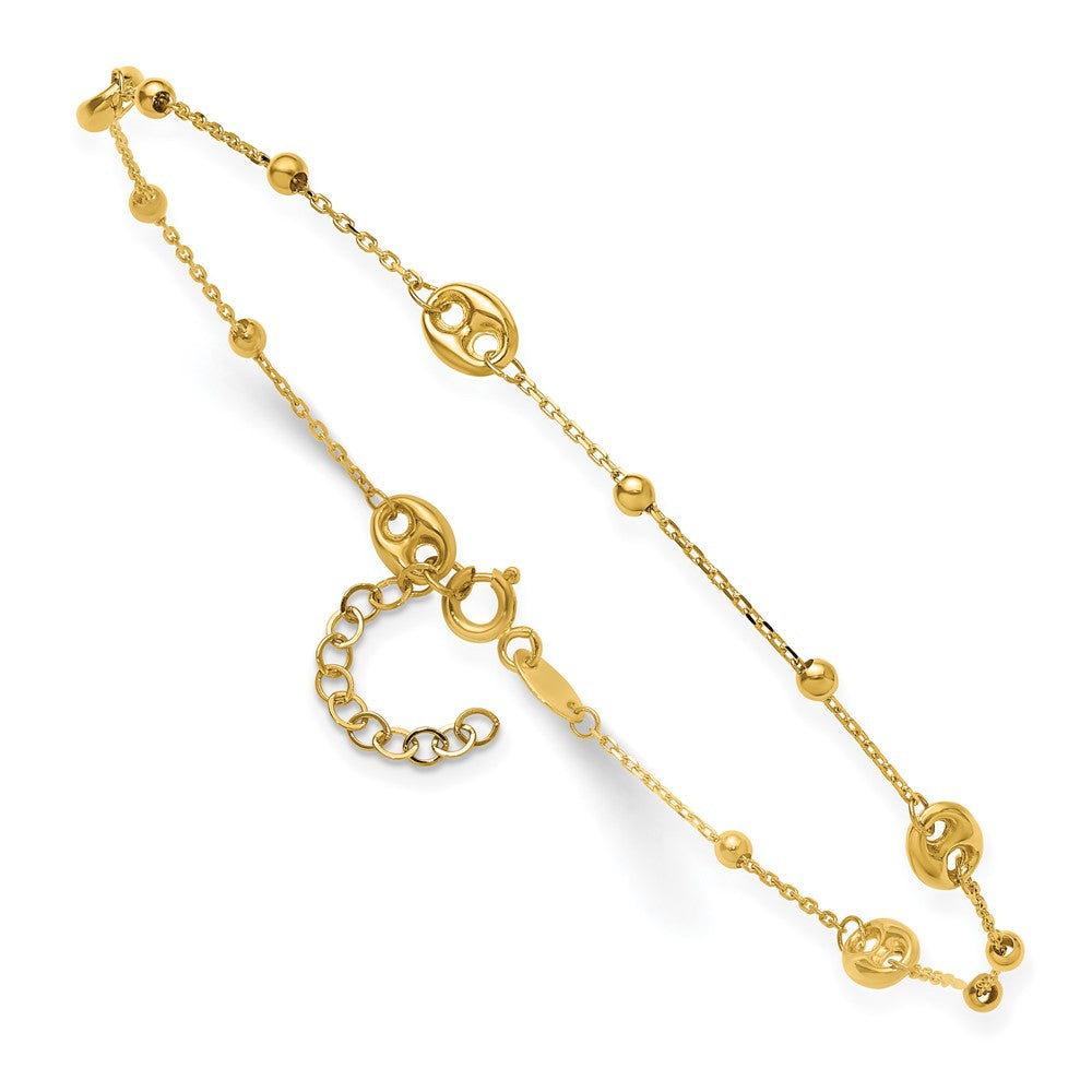 14K Polished Beads Station 9in Plus 1in ext. Anklet