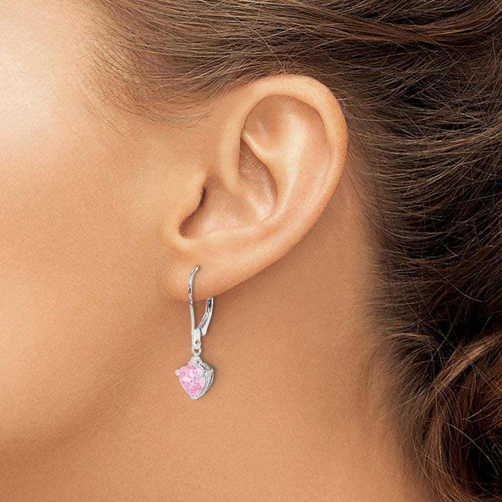 Sterling Silver Polished Pink CZ Heart Leverback Dangle Earrings