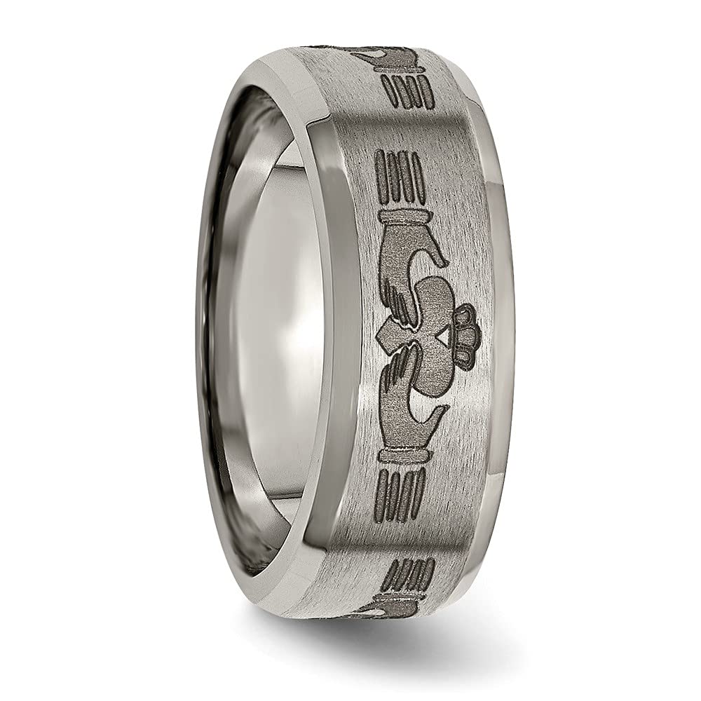 Titanium Brushed/Polished Claddagh Laser Design 8mm Beveled Edge Band Size - 7.5
