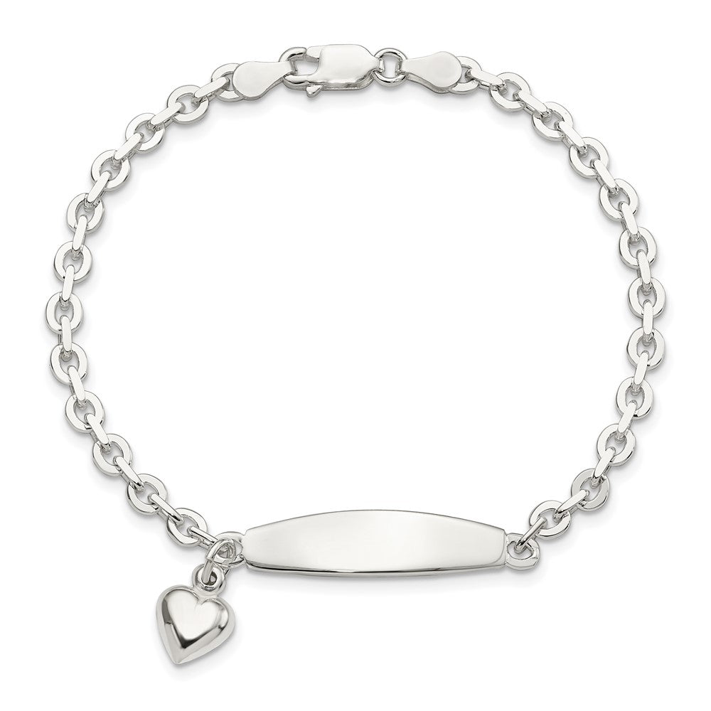 Sterling Silver Polished Rolo Link ID Heart Dangle Bracelet 7.5 inches