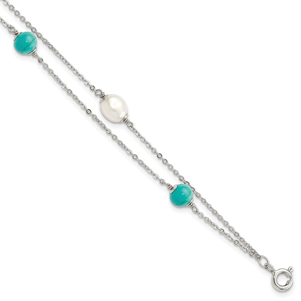 Sterling Silver Rhodium-plated Turquoise/FWC Pearl w/1in Ext Bracelet 7 inches