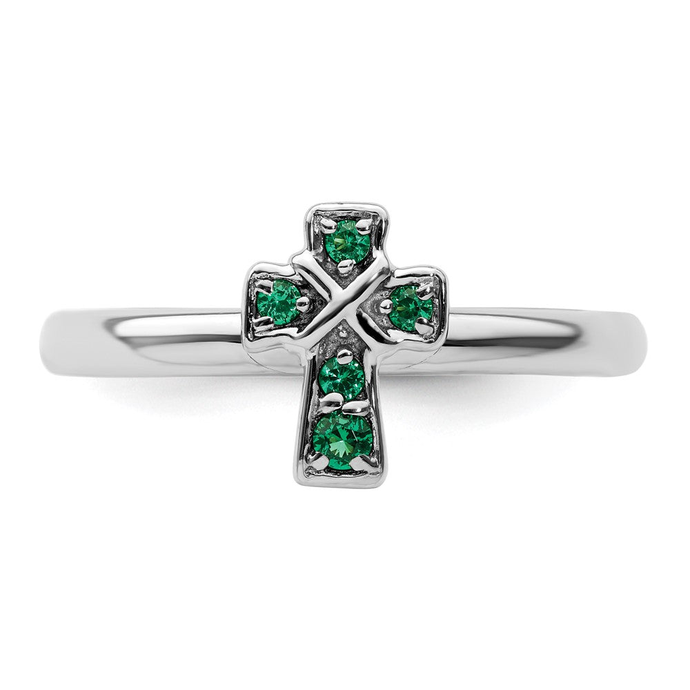 Sterling Silver Stackable Expressions Rhodium Created Emerald Cross Ring Size -10
