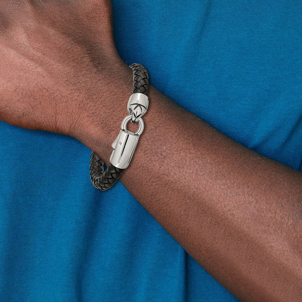 Stainless Steel Antiqued and Polished Black Leather 8.25in Bracelet 8.25 inches