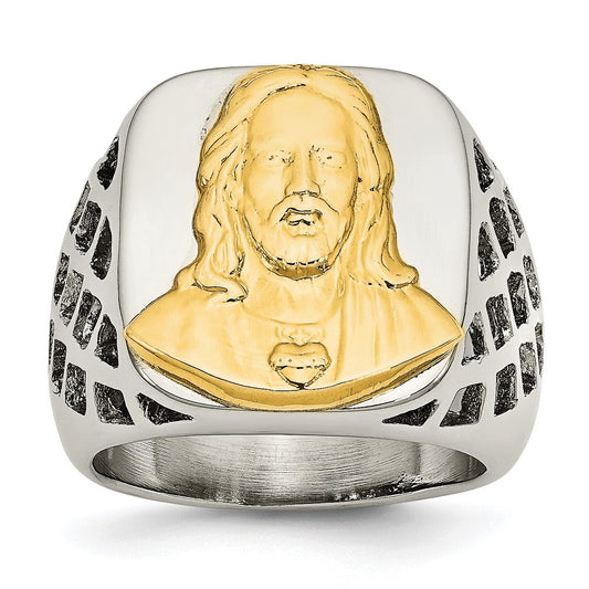 Stainless Steel with Sterling Silver Jesus Yellow IP-plated Polished Ring Size - 10