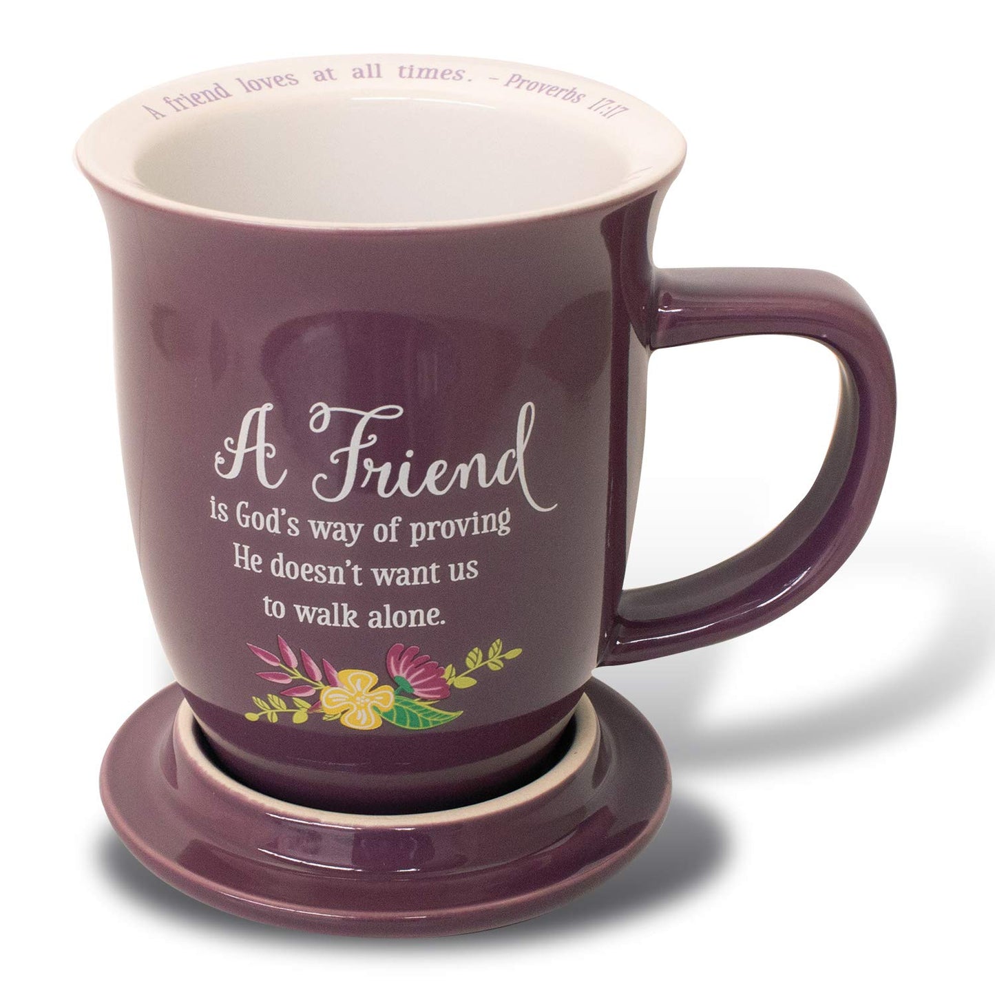 A FRIEND Proverbs 17:17 Purple Floral 14 oz. Ceramic Mug and Coaster Set Boxed QGM21144