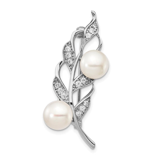 Sterling Silver Rhodium-plated 7-8mm White Button Freshwater Cultured Pearl and CZ Leaf Brooch QQP5046