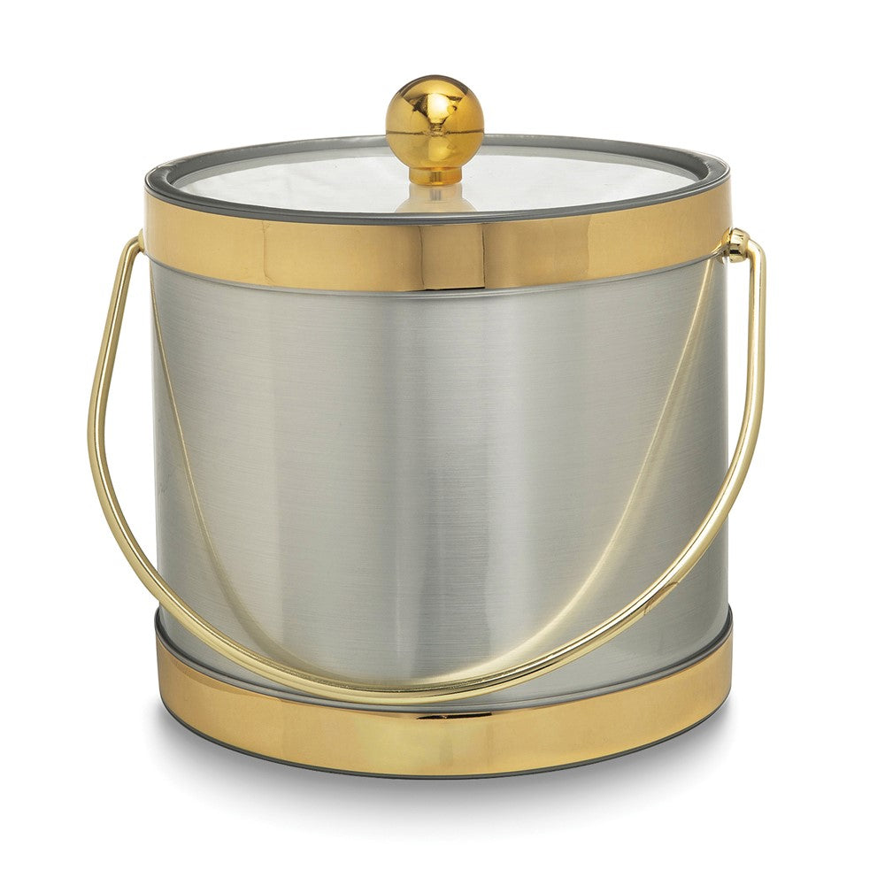 Silver with Gold Two-tone Metallic Mylar Double Wall Insulated Three Quart Ice Bucket with Stainless Steel Tongs