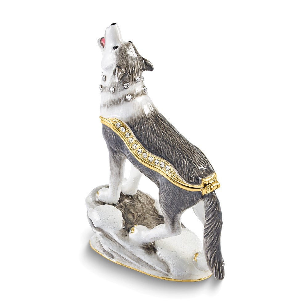 Luxury Giftware by Jere Bejeweled ROAN Howling Wolf Trinket Box with Matching 18 inch Necklace