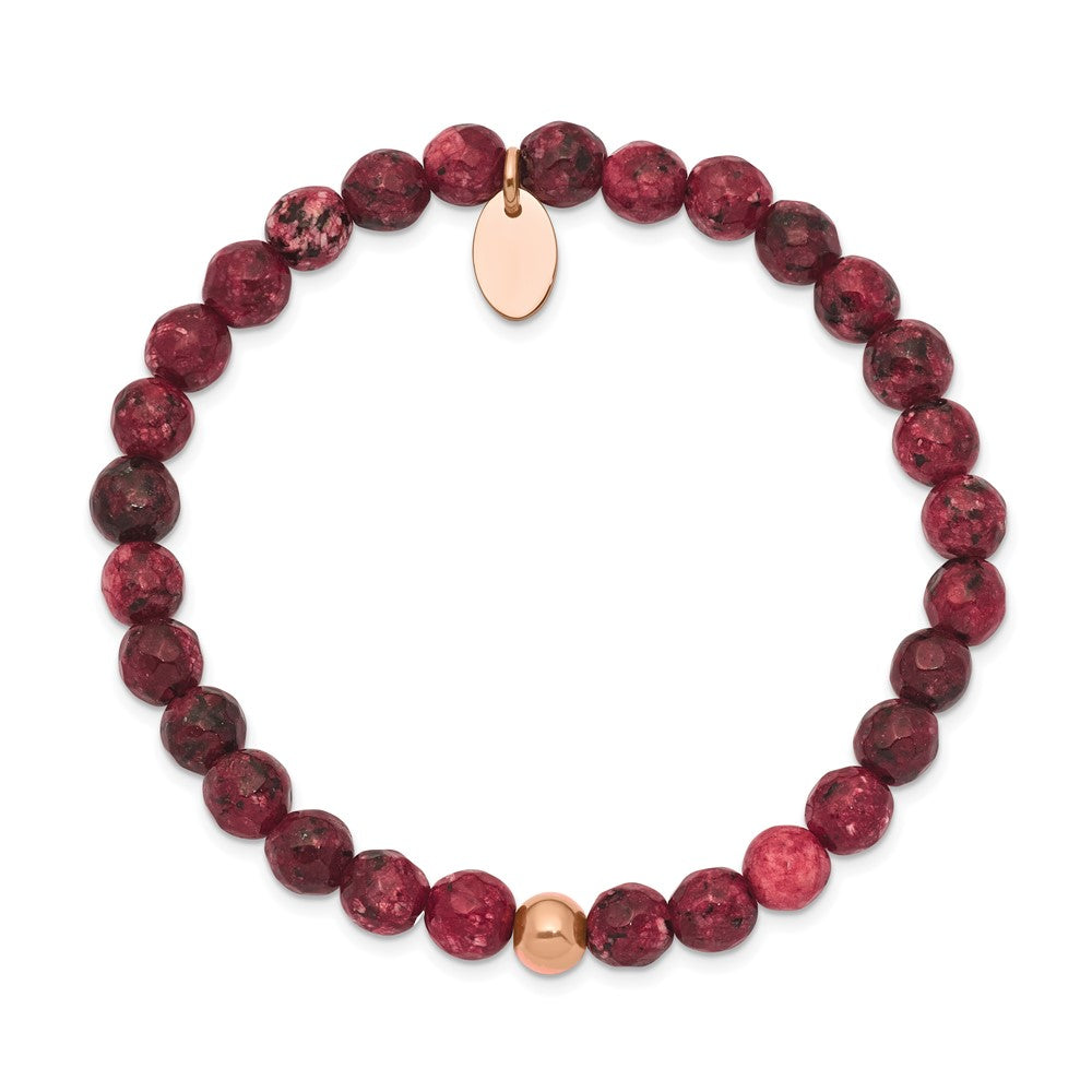 Stainless Steel Polished Rose IP-plated Red Jade Stretch Bracelet 6 inches