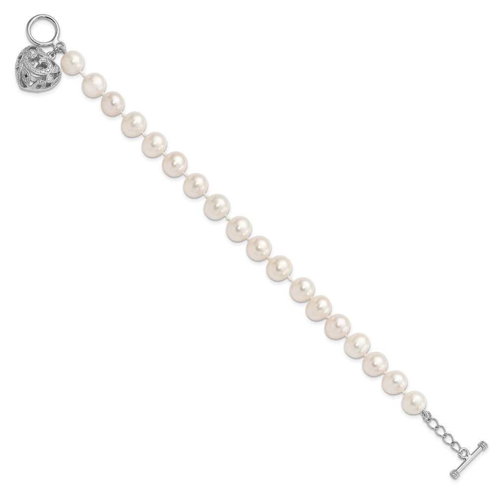 Sterling Silver Rhodium-plated 8-9mm White Near-Round Freshwater Cultured Pearl Heart Toggle 7.5 inch Bracelet 7.5 inches