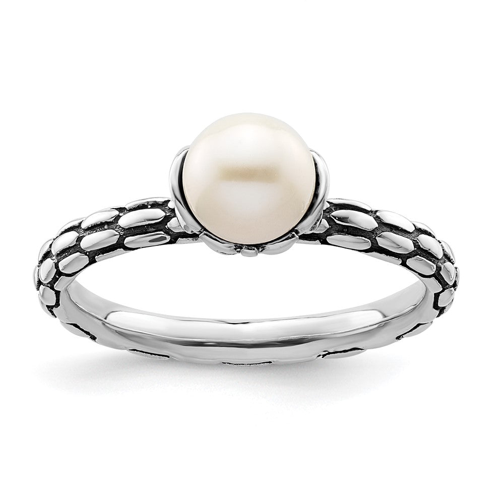 Sterling Silver Stack Exp. Polished Patterned White FW Cultured Pearl Ring Size -6